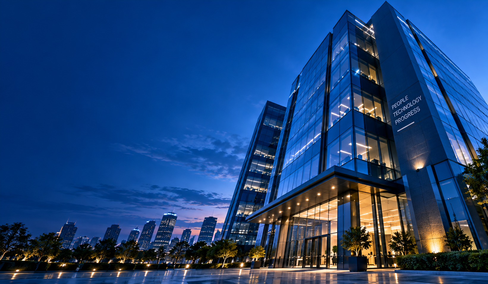 Modern blue-glass corporate headquarters