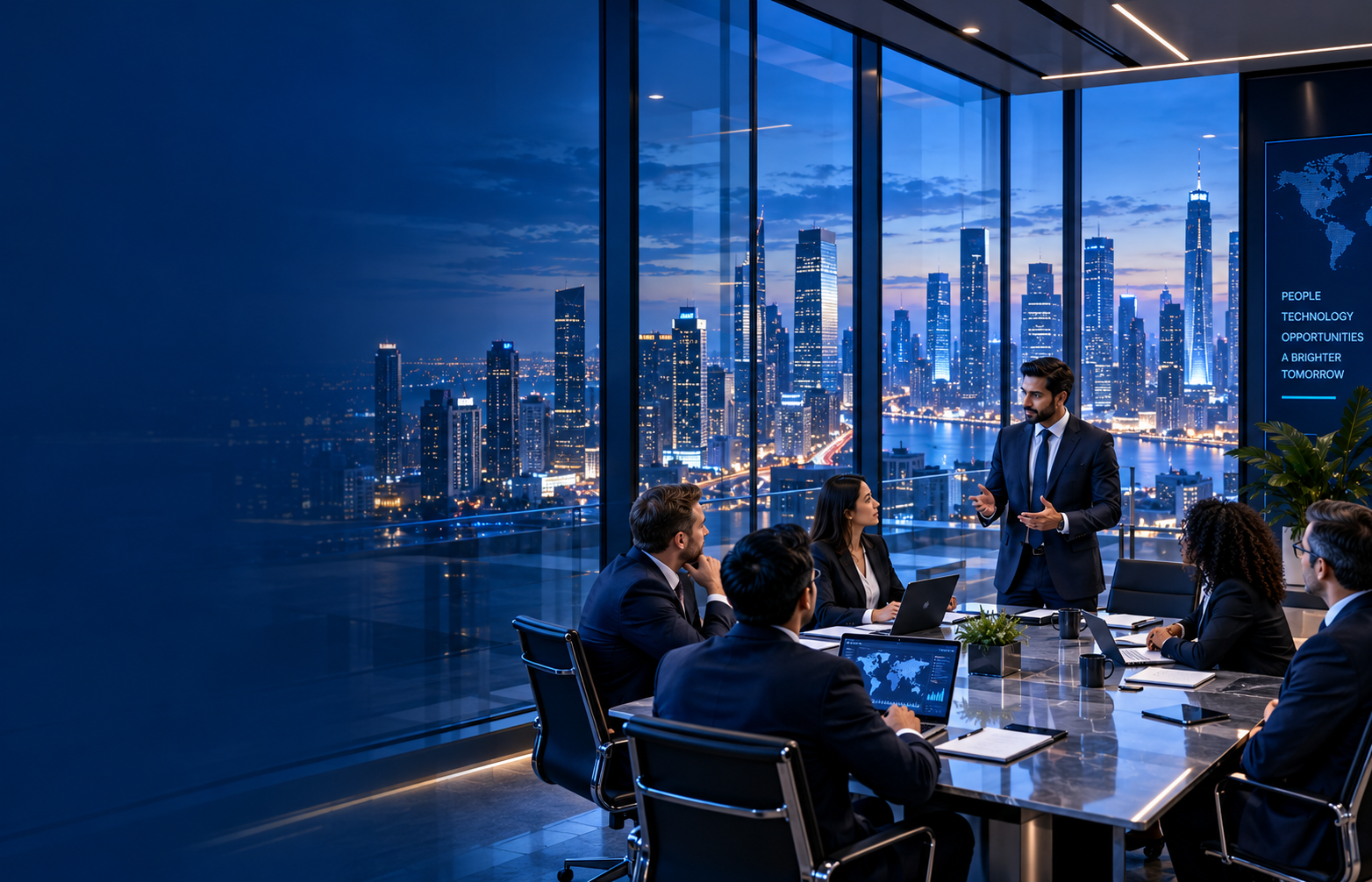 Business team collaborating in a glass meeting room