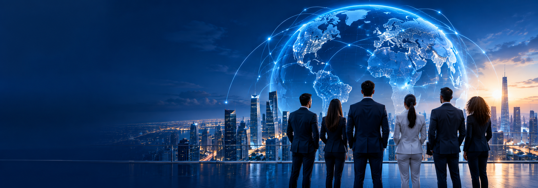 Business professionals collaborating in a global technology city