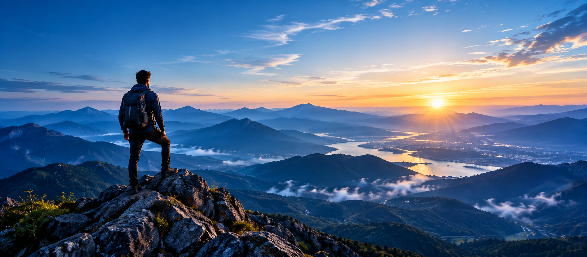 Professional on a mountain summit at sunset