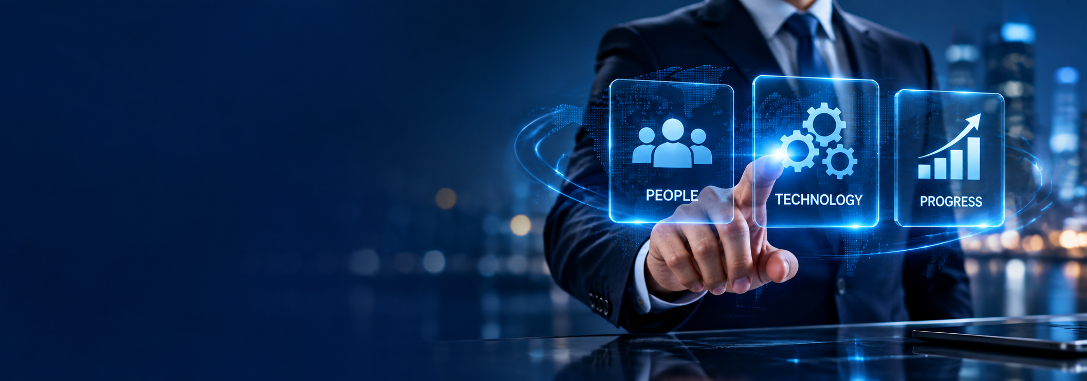 Professional using glass people, technology and progress panels