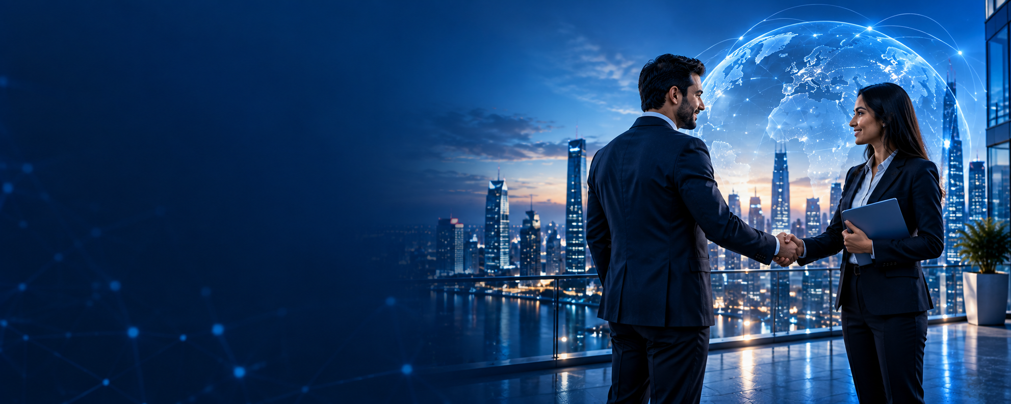 Business professionals shaking hands in a connected city