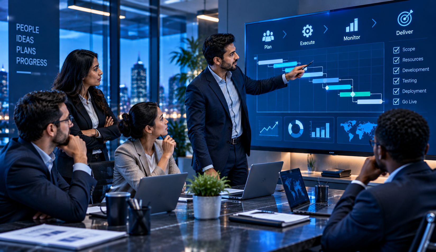 Project management team in a technology meeting